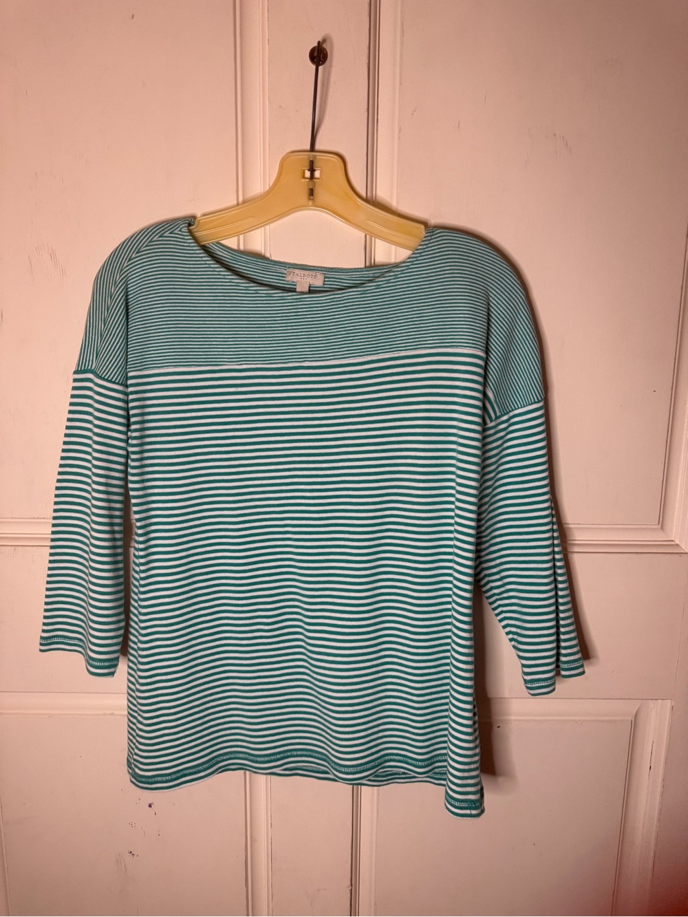 Talbots Aqua and White Striped Long Sleeve Boatneck Tee